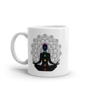 Weiße, glänzende Tasse “Chakra Meditation”