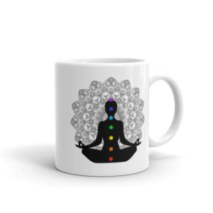 Weiße, glänzende Tasse „Chakra Meditation“