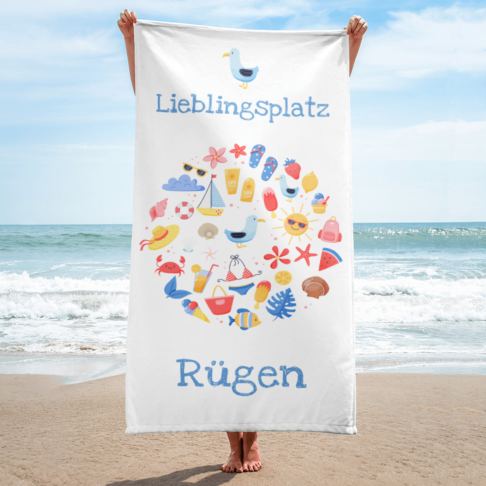 Großes Strandlaken “Lieblingsplatz Rügen – Beachday” weiß